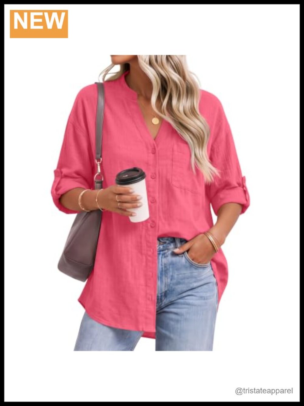 Women's Cotton V-Neck Button Down Shirt Relaxed Fit Long Sleeve with Pocket